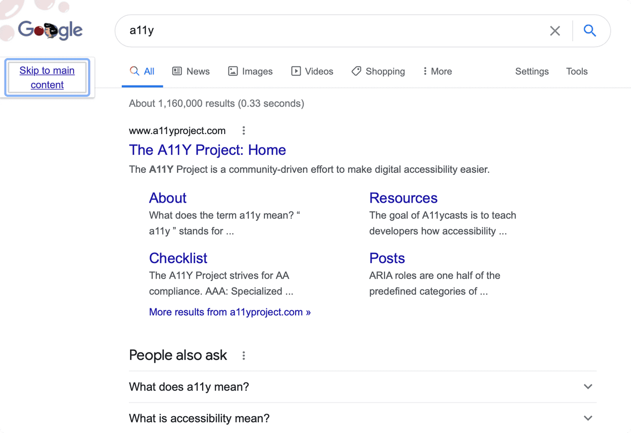 Google search results page with skip to content link